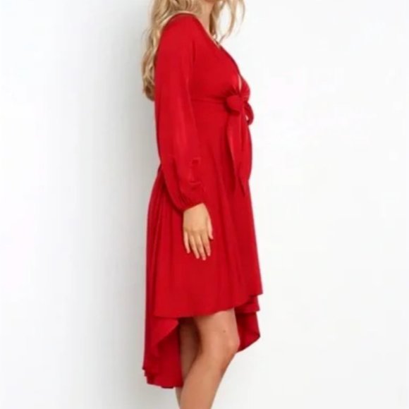 Petal + Pup Magnolia Long Sleeve Front Tie Hi-Low Midi V-Neck Dress Wine 6/Small - Picture 3 of 7